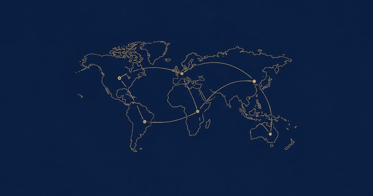 Line drawing of a world map outline with pins on several continents joined by thin arcs