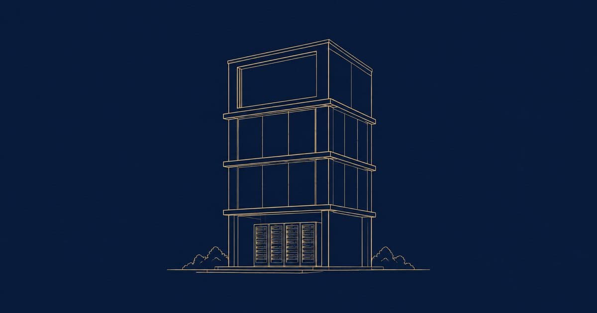Line drawing of a building with modular floors, a server rack on the ground floor and an empty window above