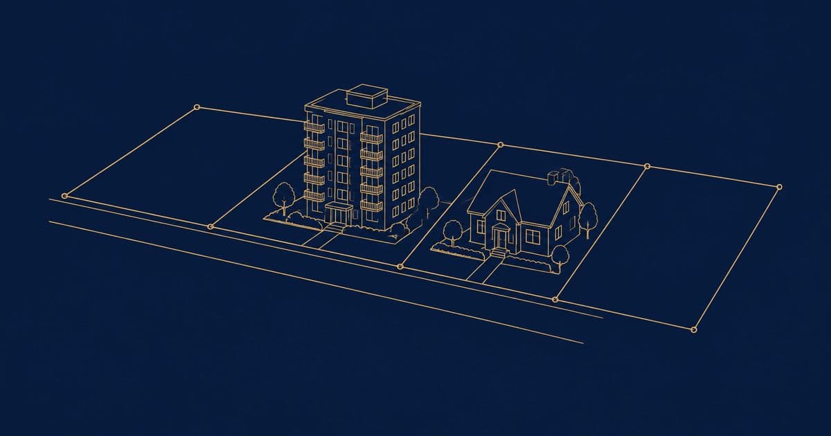Line drawing of an apartment building and a house on a cadastral plot map with boundary lines