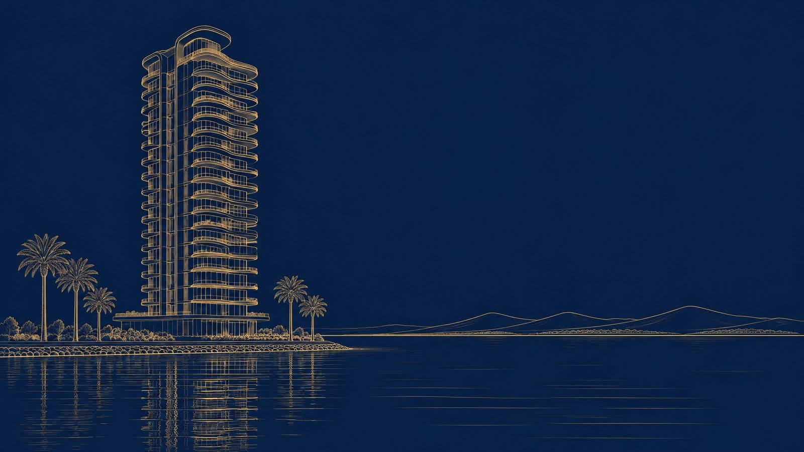 Line drawing of a slender residential tower with curved balconies on a waterfront with palm trees