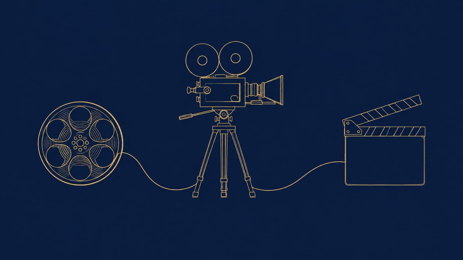 Line drawing of a film reel, a vintage cinema camera and a clapperboard