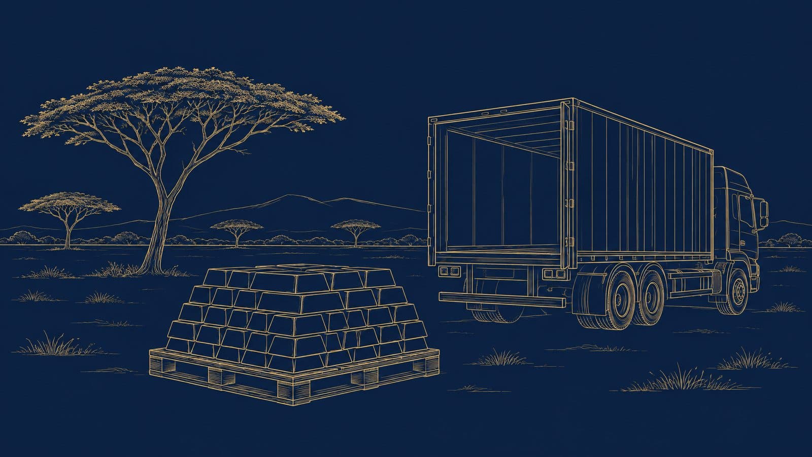 Line drawing of gold bars on a pallet next to a cargo truck, with acacia trees on the horizon