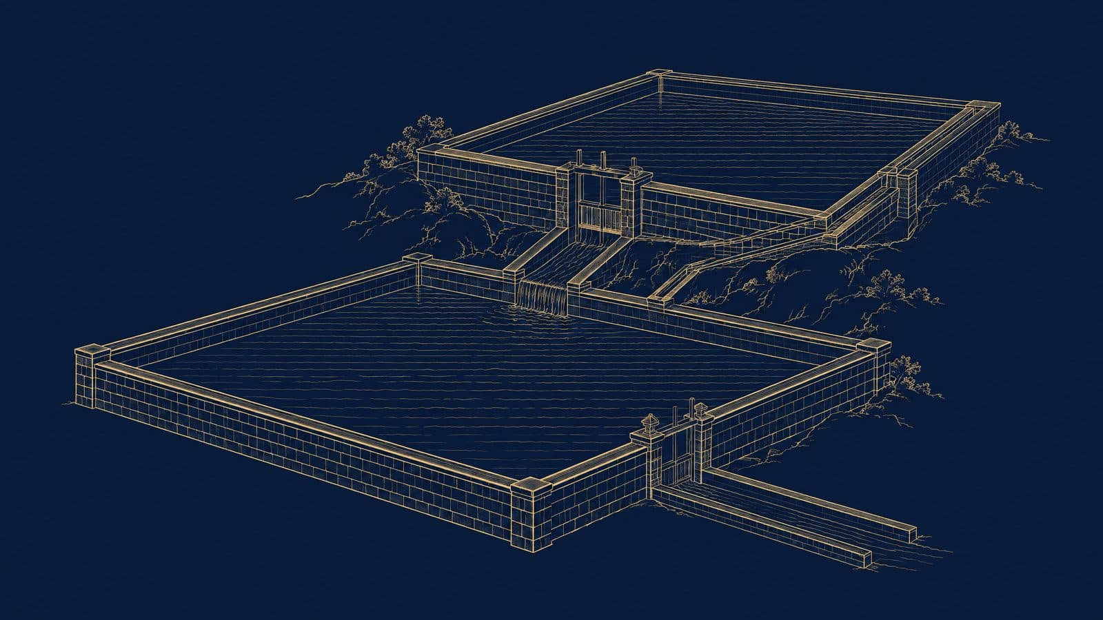 Line drawing of a two-tier reservoir with an upper and a lower basin joined by sluice gates