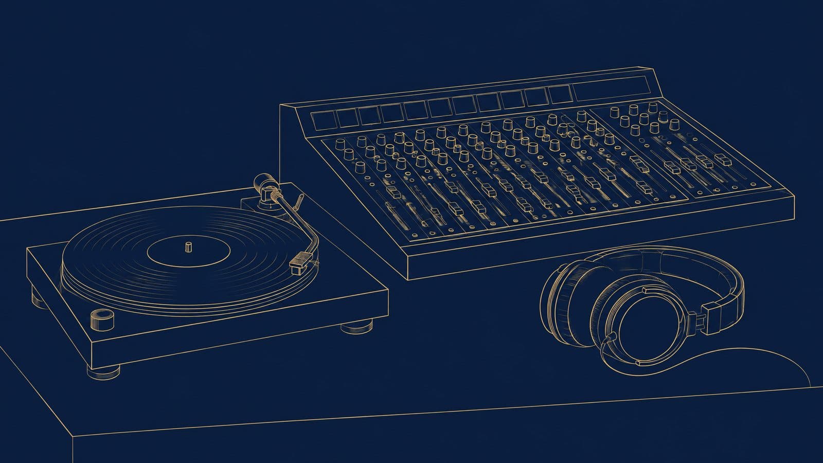 Line drawing of a vinyl record, a mixing console and headphones on a desk
