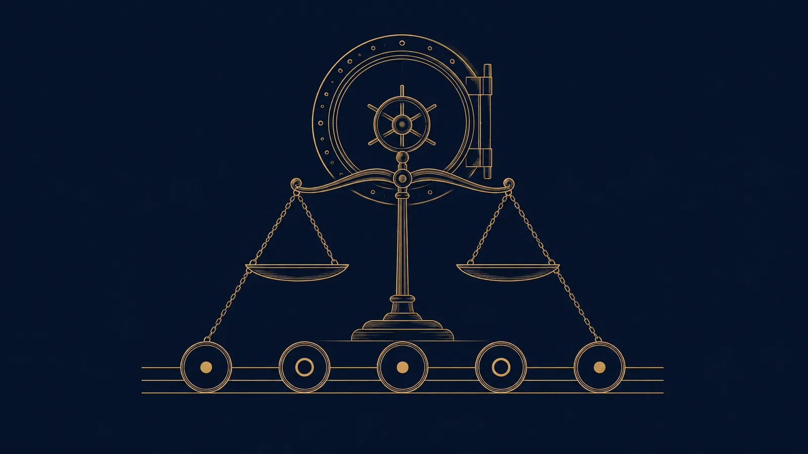 Line drawing of a vault door and scales above a row of tokens