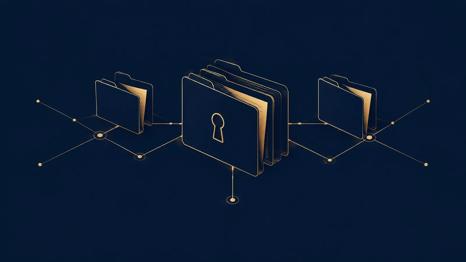 Line drawing of document folders with a keyhole, linked by network lines