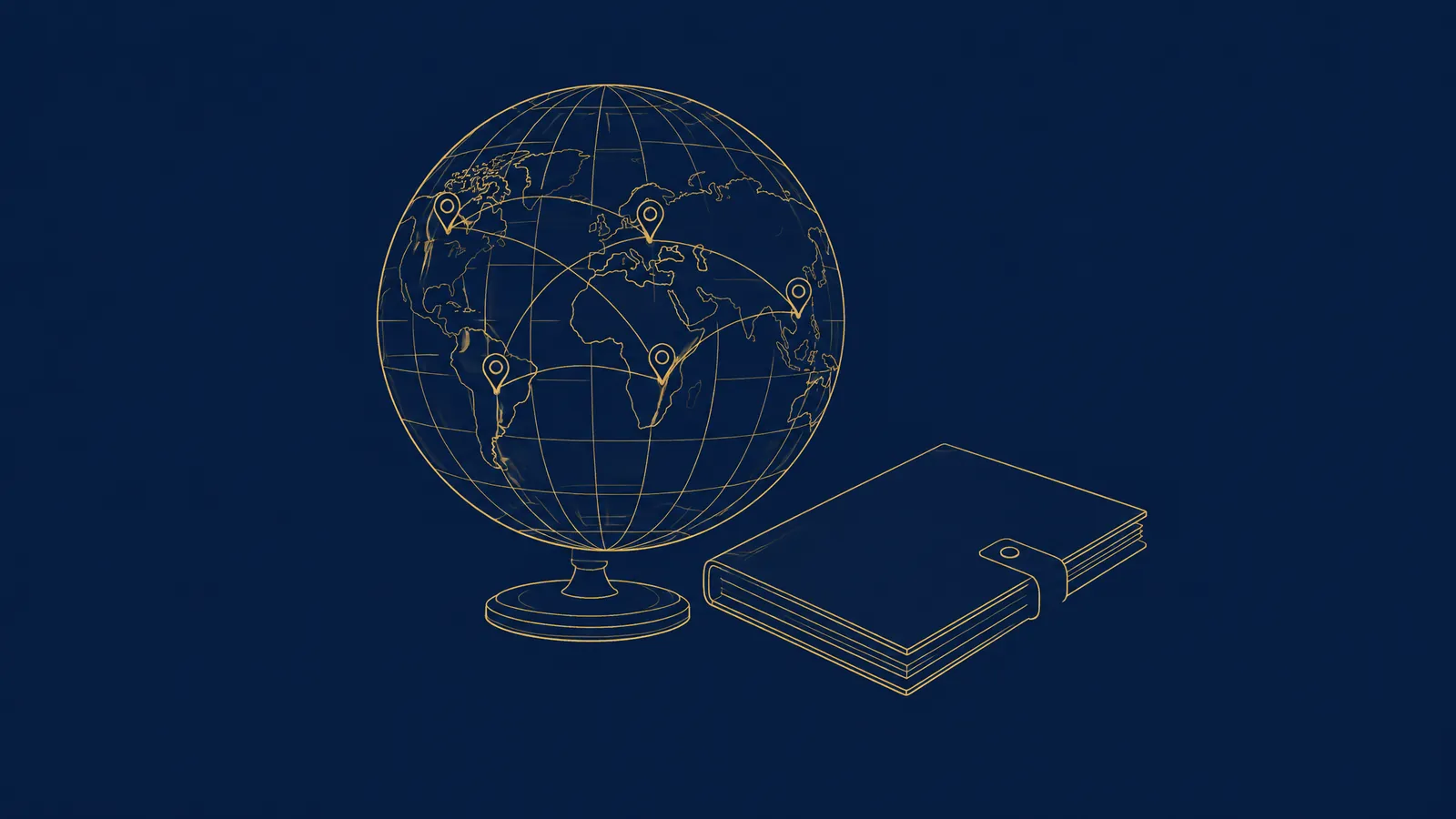 Line drawing of a globe with pins on several continents joined by arcs, beside a closed legal file