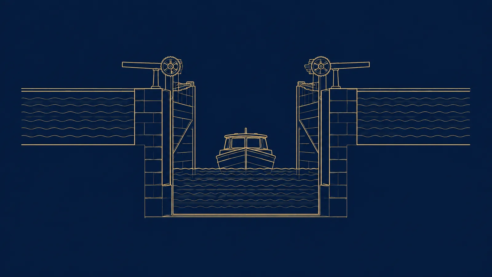 Line drawing of a canal lock moving a boat between two water levels