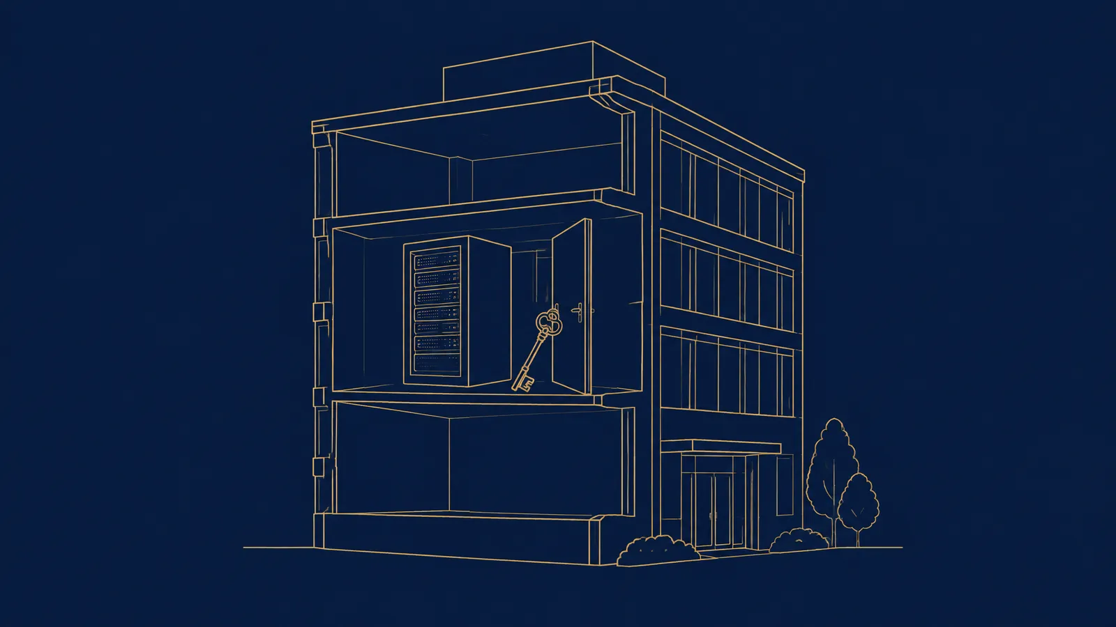 Line drawing of a server rack inside the cut-away outline of an office building, with a key in the open door