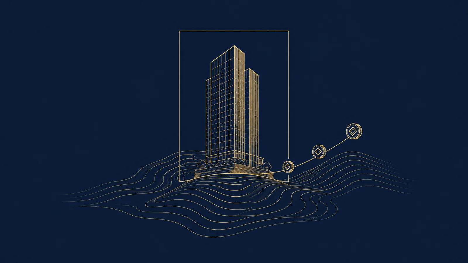 Line drawing of an office tower inside a frame, with tokens along a rising path