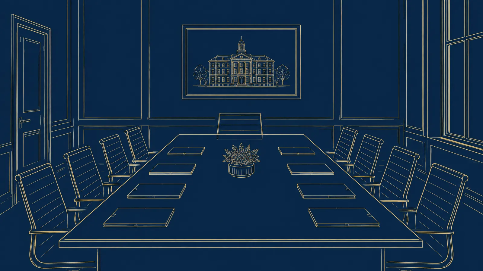Line drawing of a closed meeting room with a long table, document folders and a framed building drawing