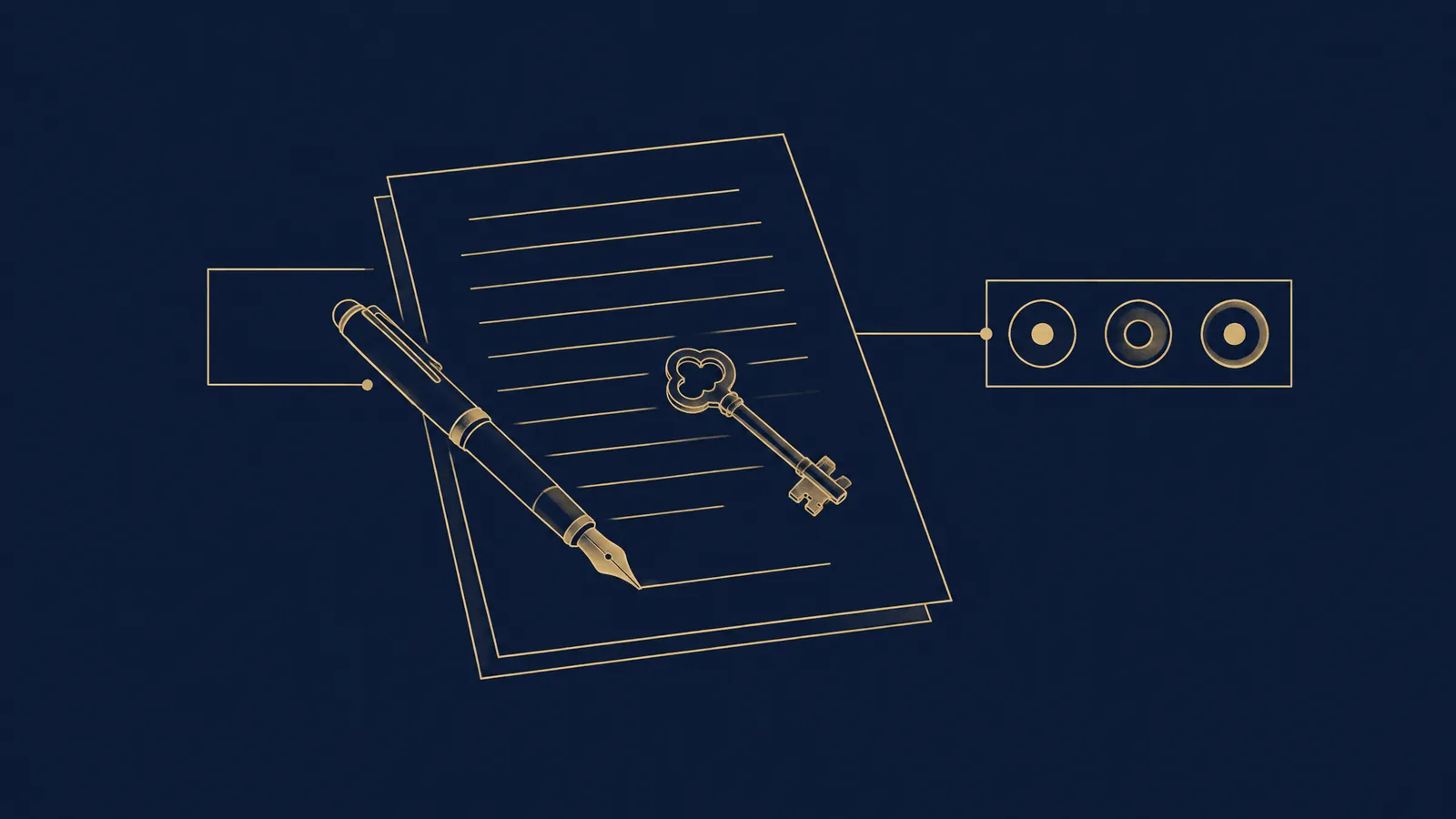 Line drawing of a signed agreement, a key and a row of tokens held inside a frame