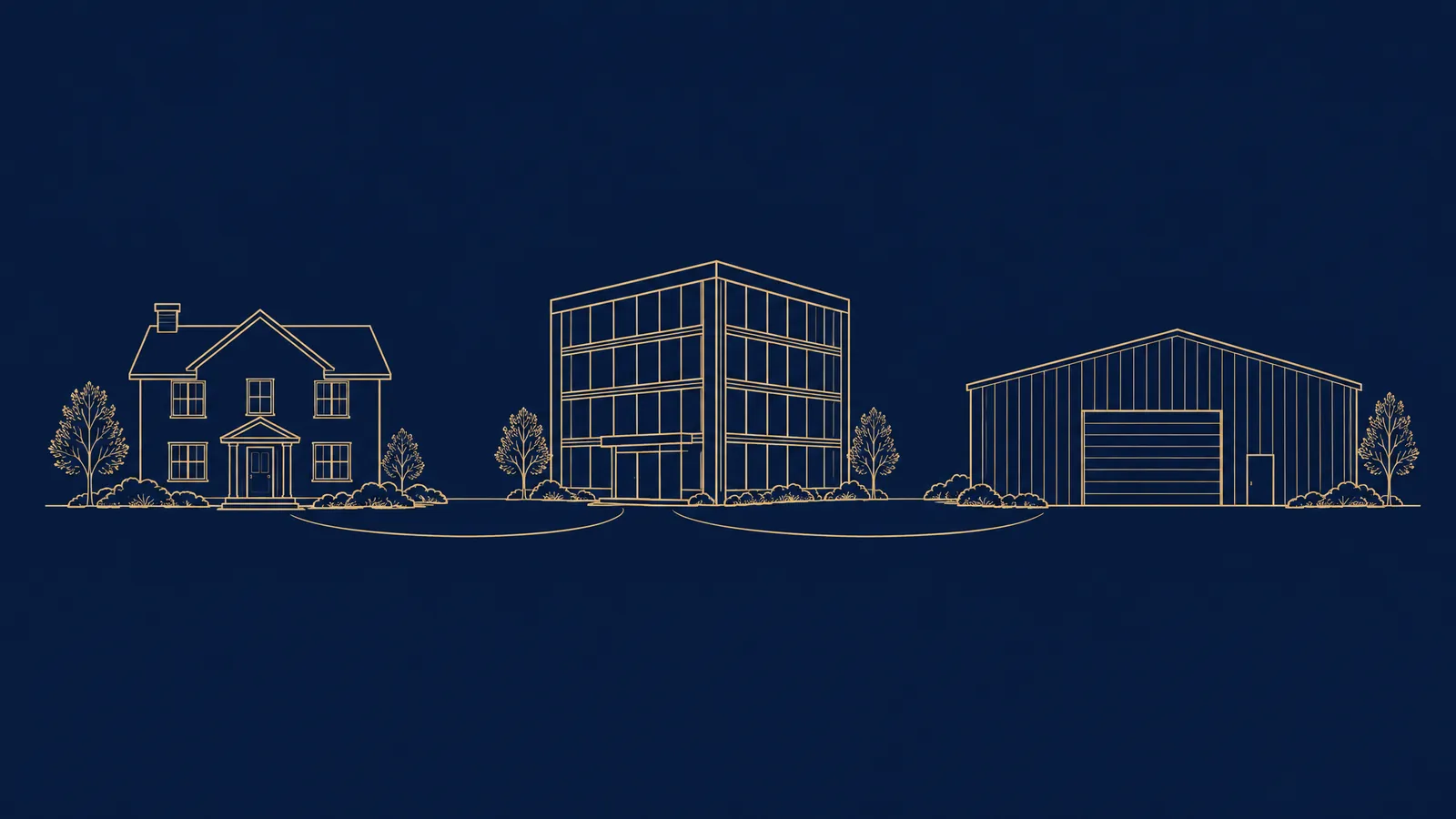Line drawing of a house, an office block and a warehouse joined by a path