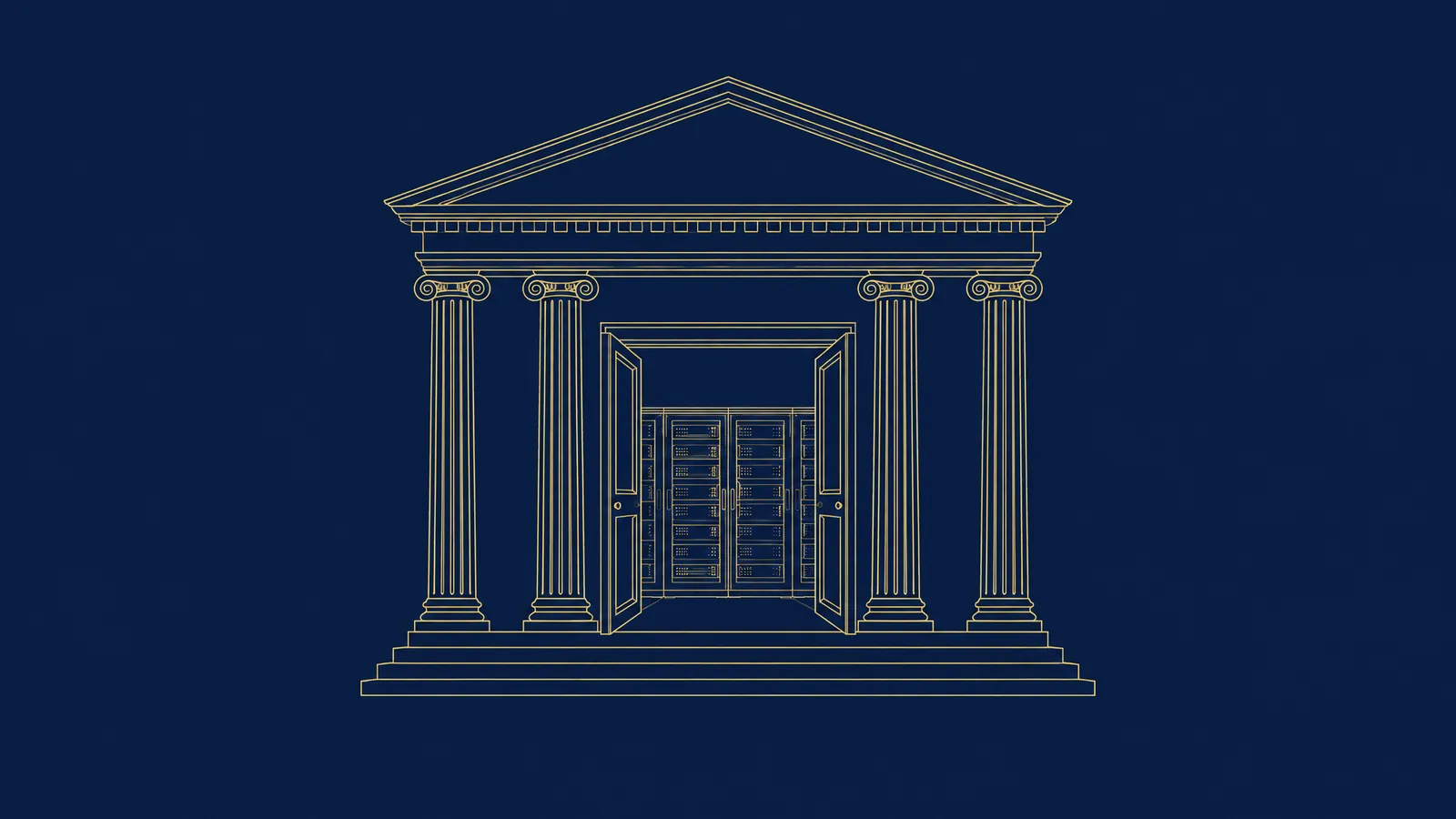 Line drawing of a classical bank facade with a server cabinet visible through the open doors