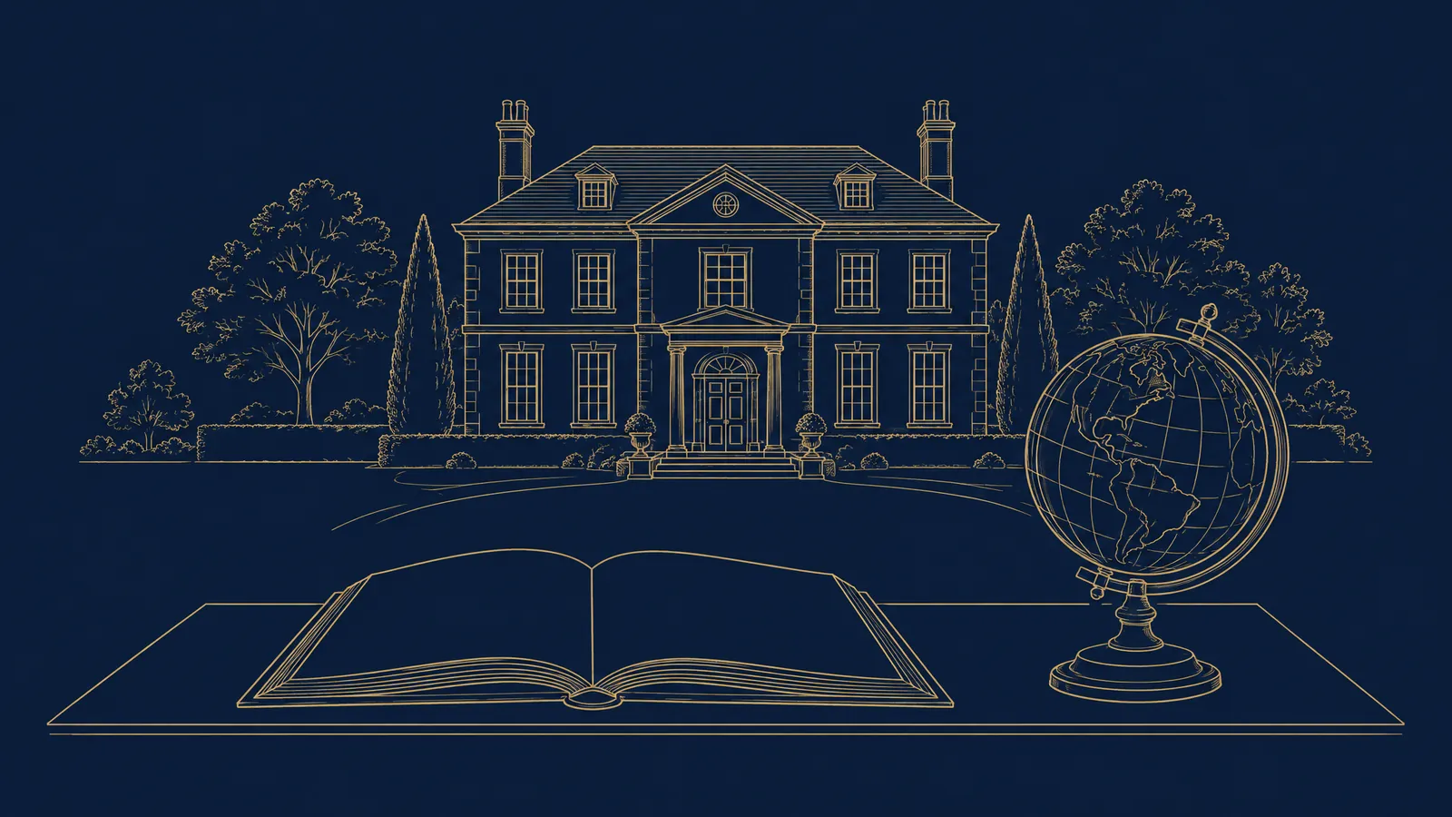 Line drawing of a family estate house with an open ledger and a desk globe