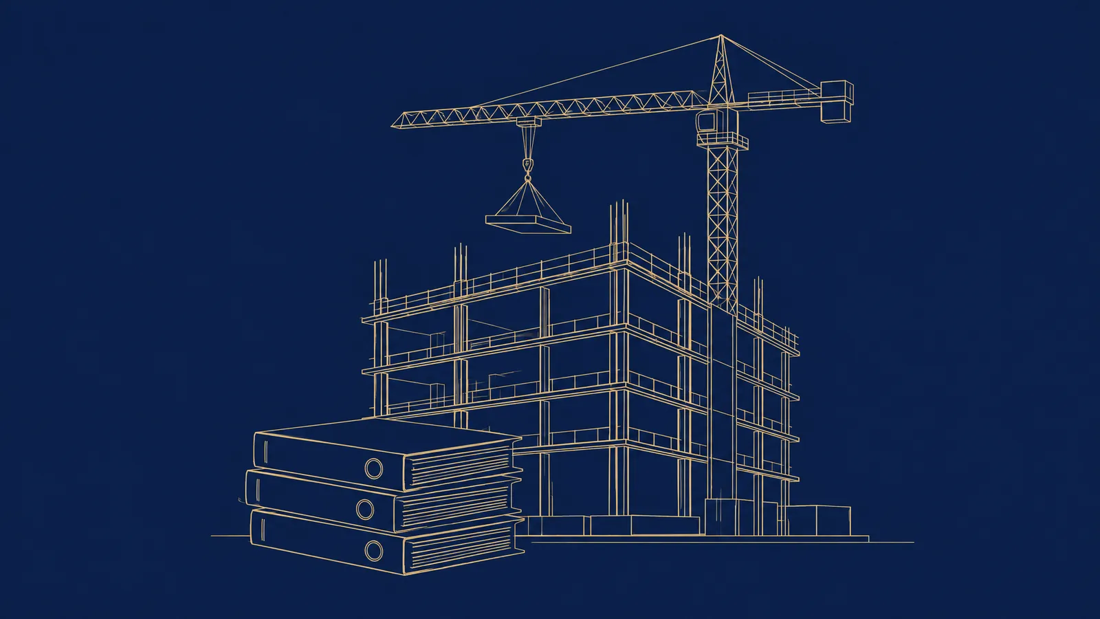 Line drawing of a building under construction with a tower crane and stacked document folders