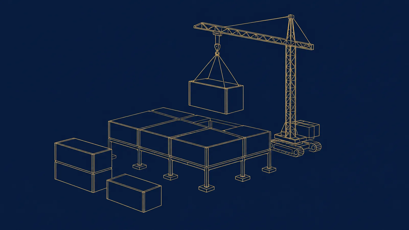 Line drawing of modular blocks being assembled into a platform under a small crane
