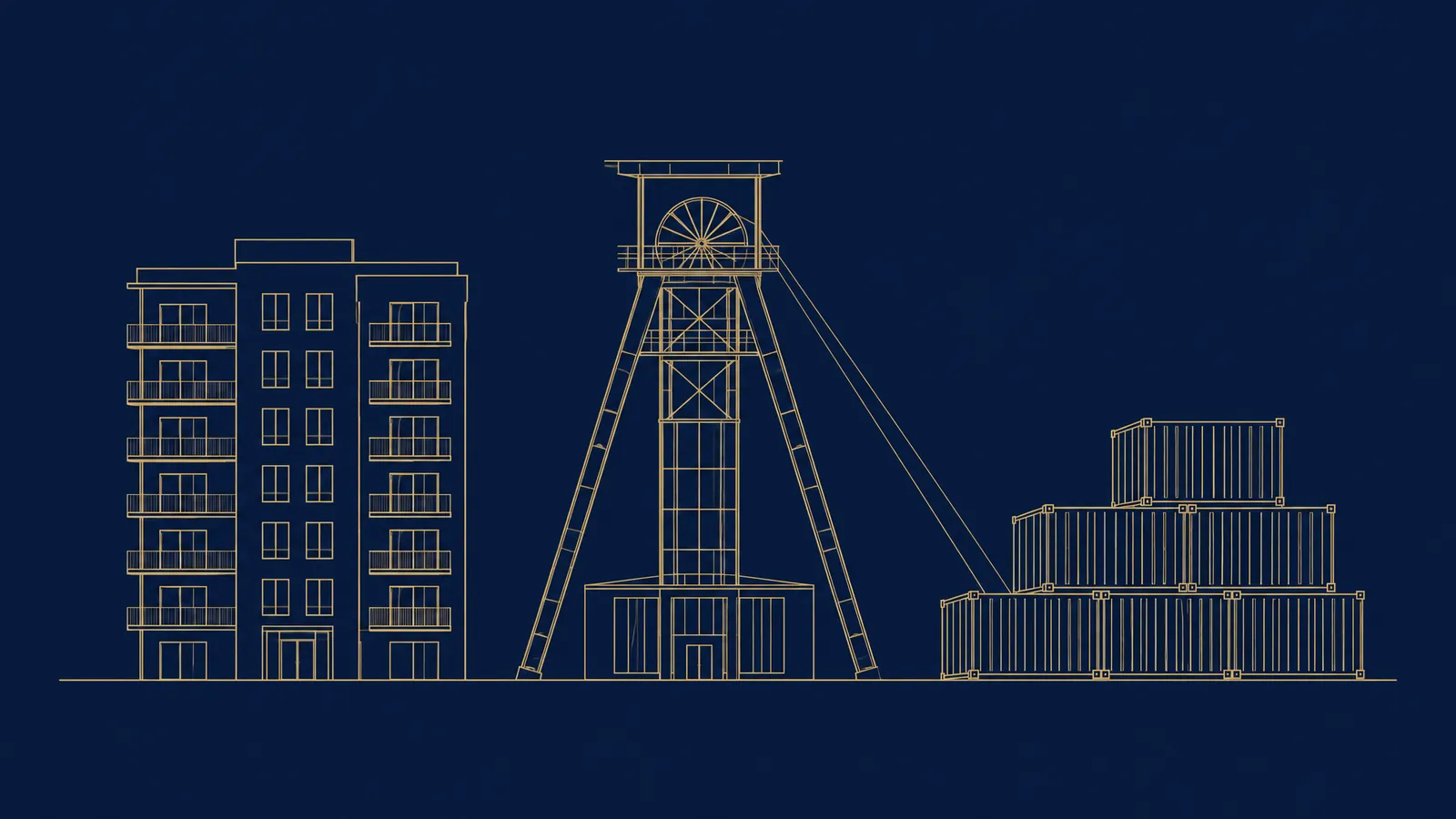 Line drawing of an apartment building, a mine headframe and stacked cargo containers side by side