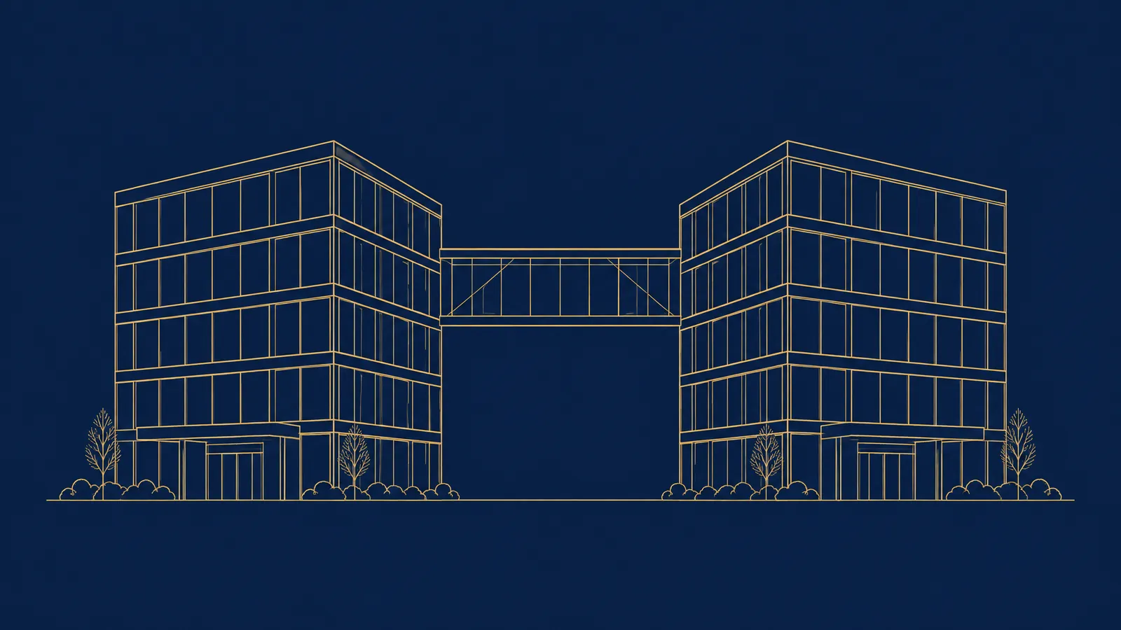 Line drawing of two office buildings joined by a covered bridge