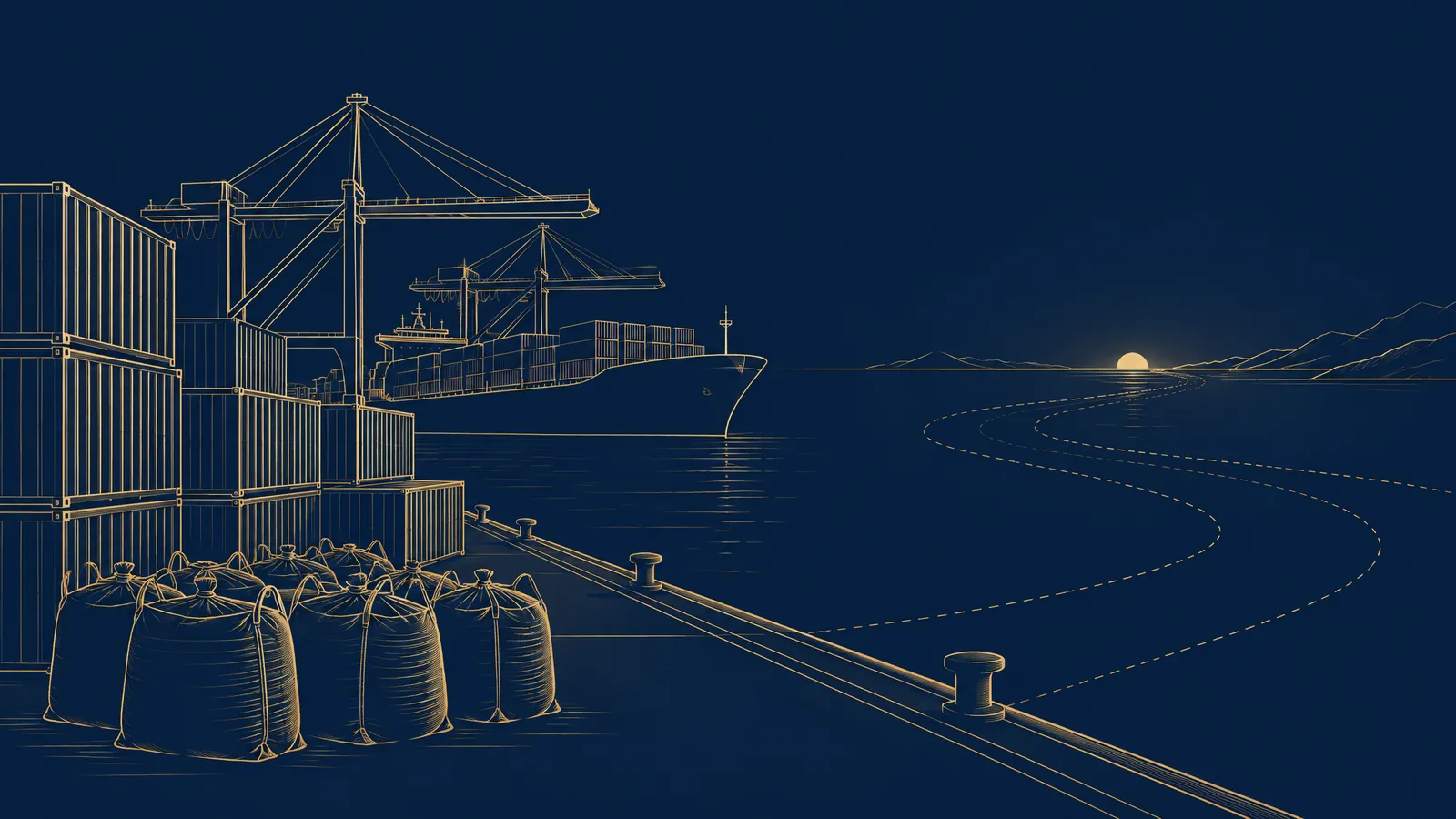 Line drawing of cargo containers and sacks of goods on a quay, with a ship and cranes behind