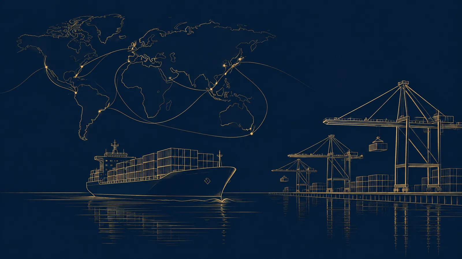 Line drawing of a container ship, port cranes and world trade routes