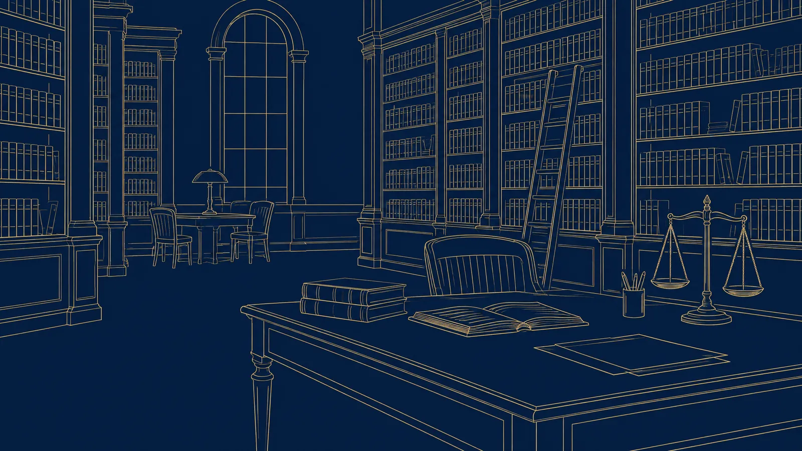 Line drawing of a law library with bookshelves, a reading desk with documents and a balance scale